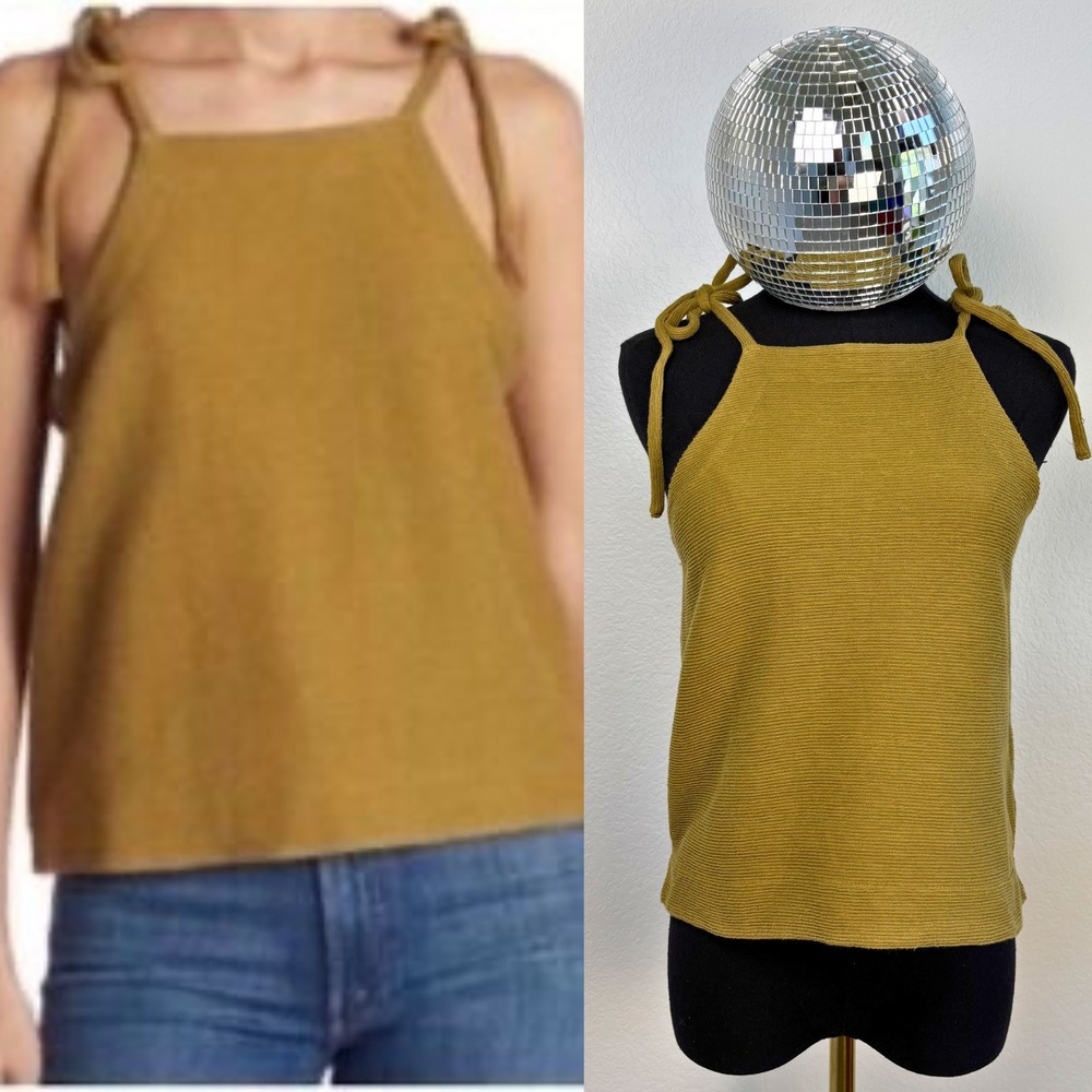 Madewell Mustard Yellow Cotton Ribbed Tie Shoulder Tank Top Square‎ Neck Small